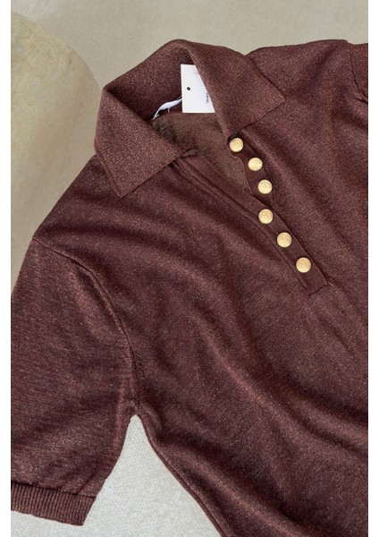 Polo Yaka Simli Triko Kazak- Kahverengi fiyatları