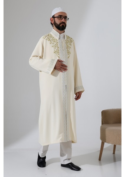 Nakış Işlemeli Hakim Yaka Imam Cübbesi, Çıt Çıtlı Cepli Namaz Cübbesi Gümüş Bordürlü - Krem