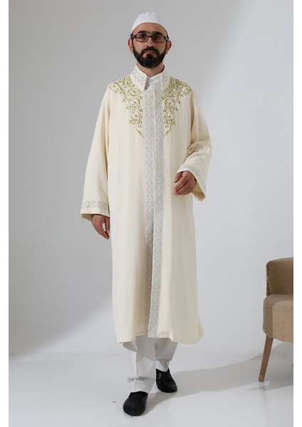 Nakış Işlemeli Hakim Yaka Imam Cübbesi, Çıt Çıtlı Cepli Namaz Cübbesi Gümüş Bordürlü - Krem fırsatları
