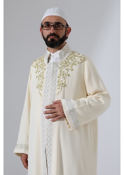 Nakış Işlemeli Hakim Yaka Imam Cübbesi, Çıt Çıtlı Cepli Namaz Cübbesi Gümüş Bordürlü - Krem indirimleri