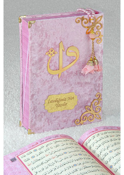 Hediyelik Kişiye Özel Isimli Pembe Kuranı Kerim - Kadife Kaplı, Arapça, Orta Boy