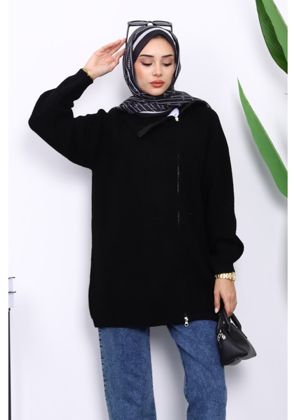 Siyah Selanik Örgülü Fermuarlı Triko Hırka