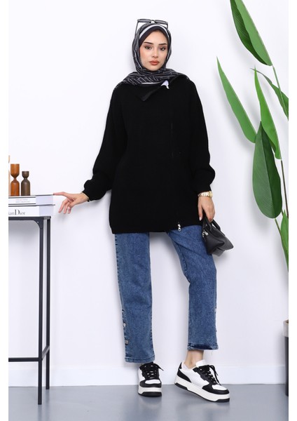 Siyah Selanik Örgülü Fermuarlı Triko Hırka fiyatları