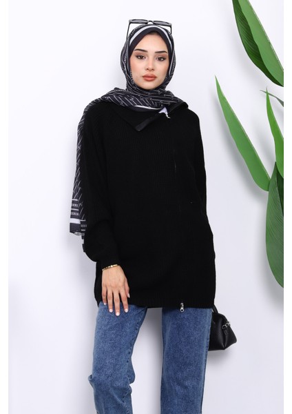Siyah Selanik Örgülü Fermuarlı Triko Hırka modelleri