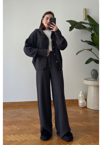 Premium Garnili Fermuarlı Triko Takım- Antrasit