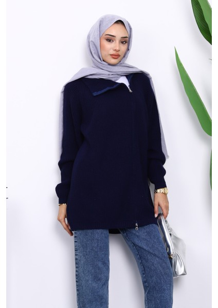 Lacivert Selanik Örgülü Fermuarlı Triko Hırka