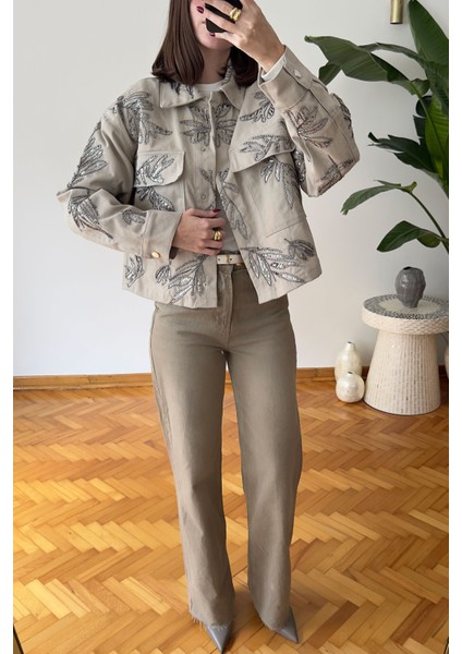 Nakışlı Premium Gabardin Ceket- Bej indirimleri