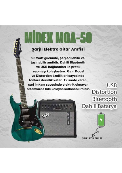 GLC-40GR-50AMP Elektro Gitar Seti 50 WATT Şarjlı BT Amfi Kulaklık ve Full SET fiyatları