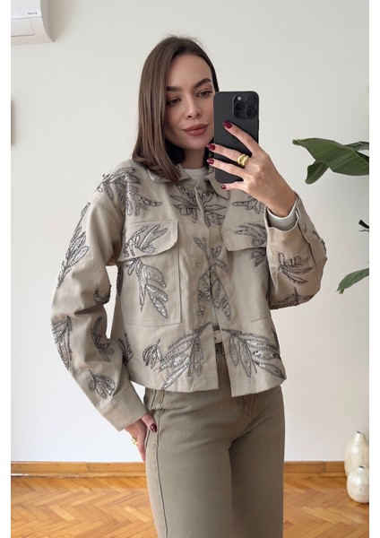 Nakışlı Premium Gabardin Ceket- Bej