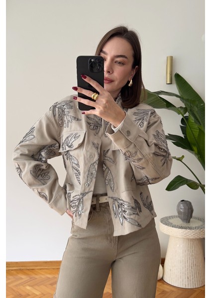 Nakışlı Premium Gabardin Ceket- Bej fırsatları