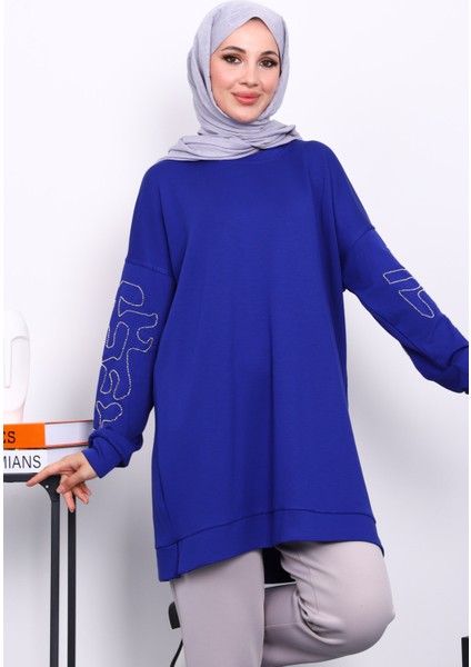Saks Mavi Kolu İşlemeli Modal Tunik