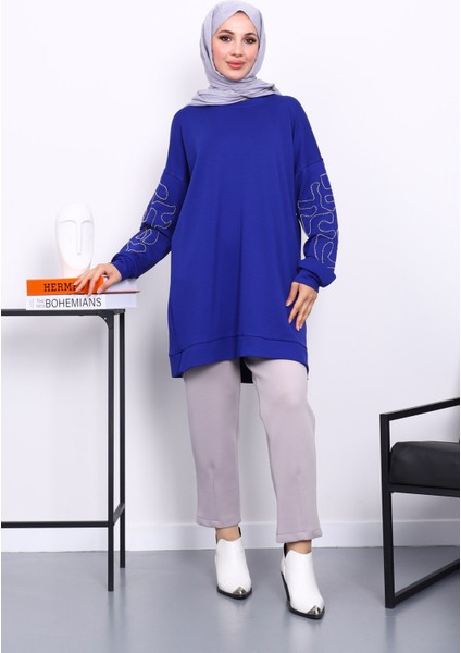Saks Mavi Kolu İşlemeli Modal Tunik fiyatları
