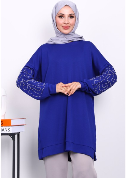 Saks Mavi Kolu İşlemeli Modal Tunik modelleri