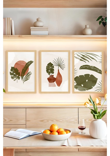 🌿 Tropikal Bitki ve Vazo Temalı 3'lü Dekoratif Çerçeve Görünümlü Tablo Seti 🌟 CRVS1133 13 x 17
