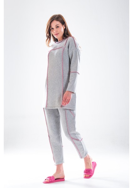 2278_KADIN Tesettür Homewear Eşofman Takımı – Bisiklet Yaka Sweat, Dikiş Detaylı, Havuç Fit Alt, 85 cm Tunik Boy