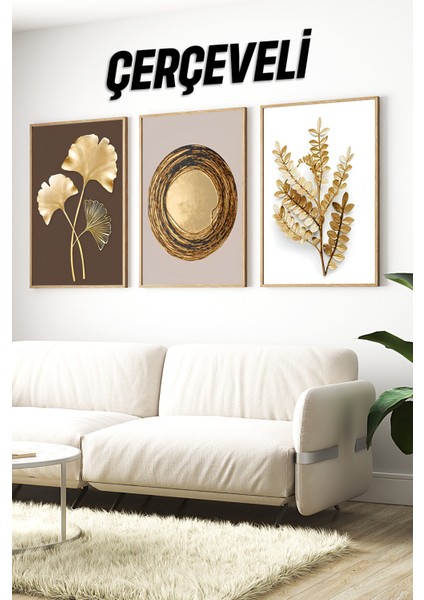 ✨ Altın Dokulu Doğa ve Geometrik Formlar – Çerçeveli 3’lü Tablo Seti🌿 CRV1132 23 x 32