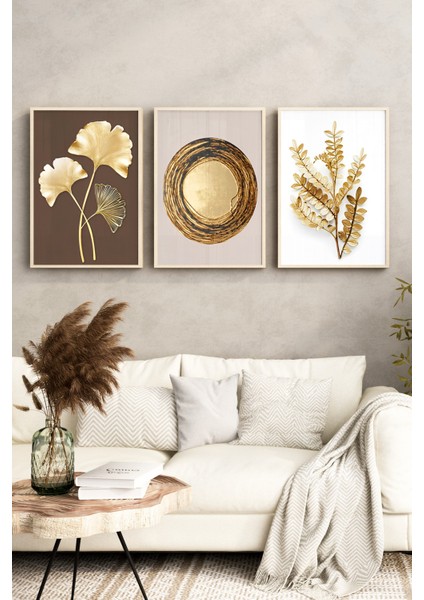 ✨ Altın Dokulu Doğa ve Geometrik Formlar – Çerçeveli 3’lü Tablo Seti🌿 CRV1132 23 x 32 fırsatları