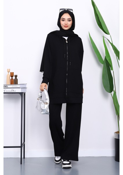 Siyah Kapüşonlu Modal Tunik Pantolonlu Takım