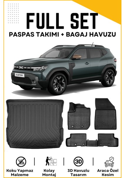 Dacia Duster 4x4 2023-2024-2025 Model Birebir Uyumlu Bagaj Havuzu+Paspas Seti