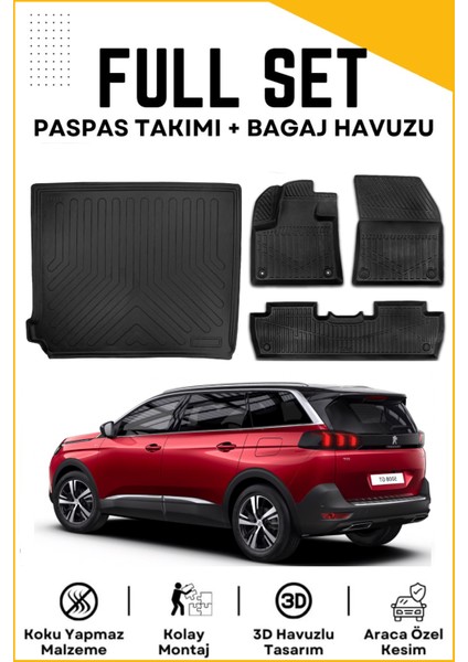 Peugeot 5008 2017-2018-2019-2020-2021-2022-2023 Model Birebir Uyumlu Bagaj Havuzu+Paspas Seti