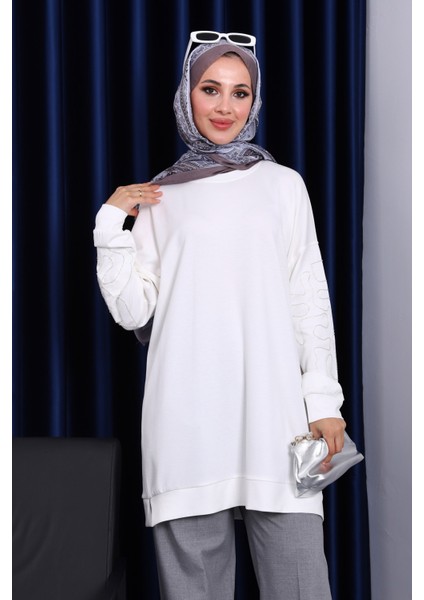 Ekru Kolu İşlemeli Modal Tunik