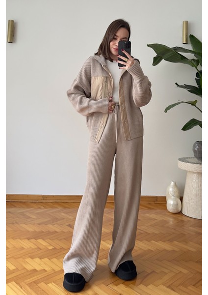 Premium Garnili Fermuarlı Triko Takım- Bej
