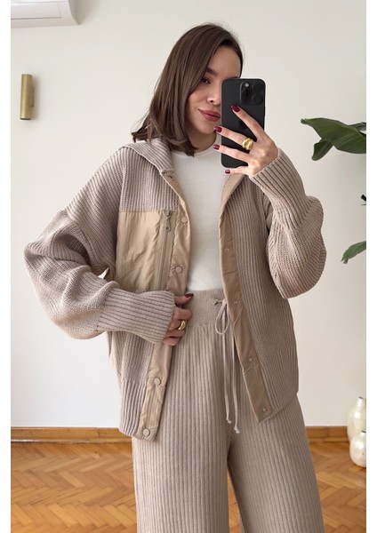 Premium Garnili Fermuarlı Triko Takım- Bej fiyatları