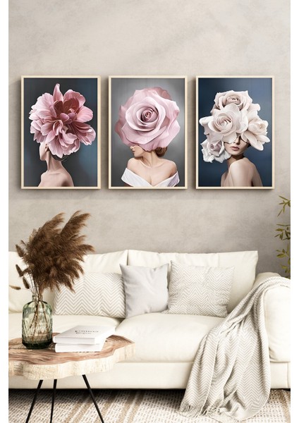 🌸 Çiçek Başlı Kadınlar Temalı Çerçeveli 3’lü Tablo Seti🌿 CRV1131 23 x 32 fırsatları