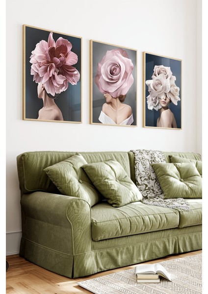 🌸 Çiçek Başlı Kadınlar Temalı Çerçeveli 3’lü Tablo Seti🌿 CRV1131 23 x 32 indirimleri