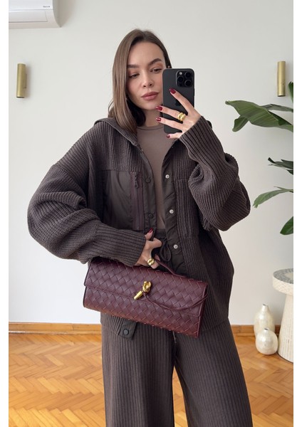 Premium Garnili Fermuarlı Triko Takım- Kahverengi fiyatları