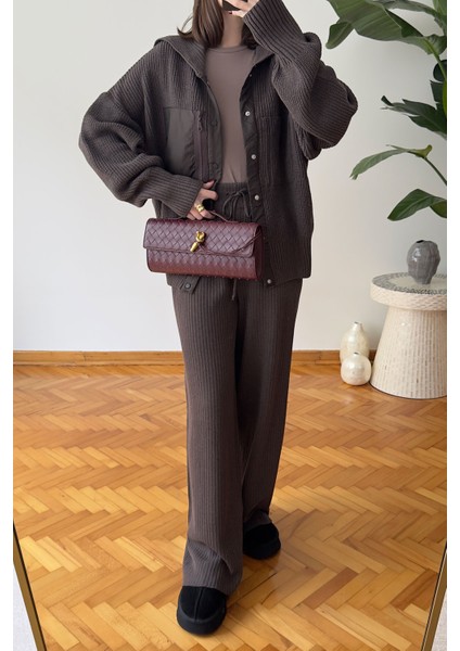 Premium Garnili Fermuarlı Triko Takım- Kahverengi modelleri