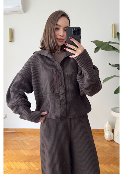 Premium Garnili Fermuarlı Triko Takım- Kahverengi fırsatları