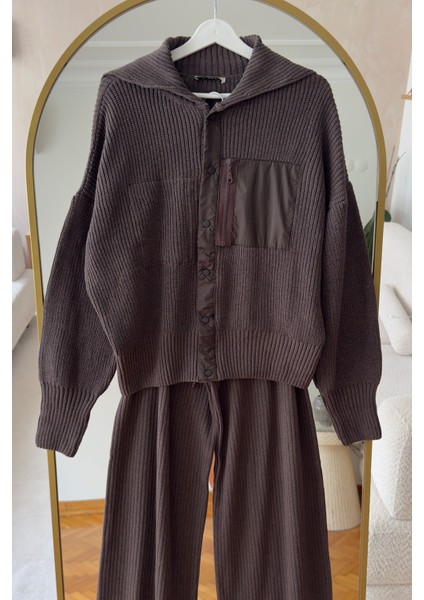 Premium Garnili Fermuarlı Triko Takım- Kahverengi indirimleri