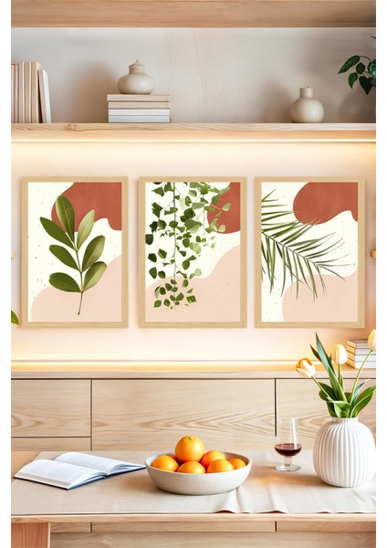 🌿 Bitki Desenli Modern Minimal 3’lü Çerçeve Görünümlü Tablo Seti 🌿 CRVS1129 13 x 17