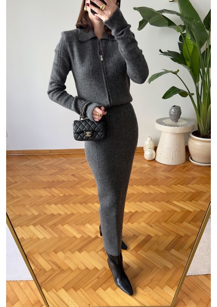 Nova Fermuarlı Etekli Triko Takım- Gri indirimleri