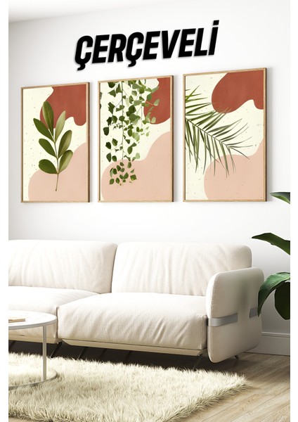 🍃 Sıcak Tonlarda Yaprak Desenli Çam Çerçeveli 3'lü Tablo Seti 🌿 CRV1129 23 x 32