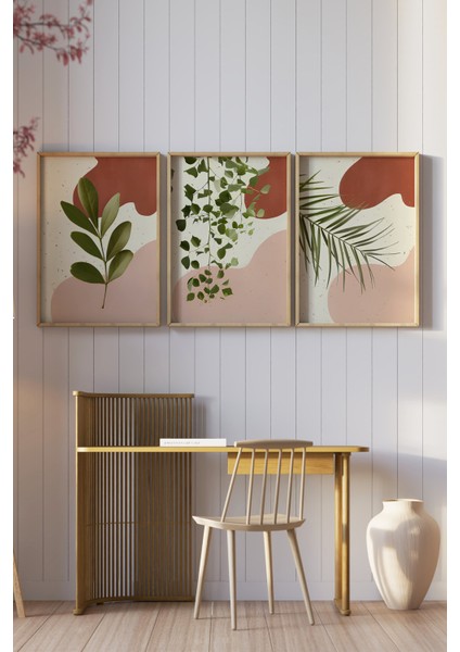🍃 Sıcak Tonlarda Yaprak Desenli Çam Çerçeveli 3'lü Tablo Seti 🌿 CRV1129 23 x 32 fiyatları