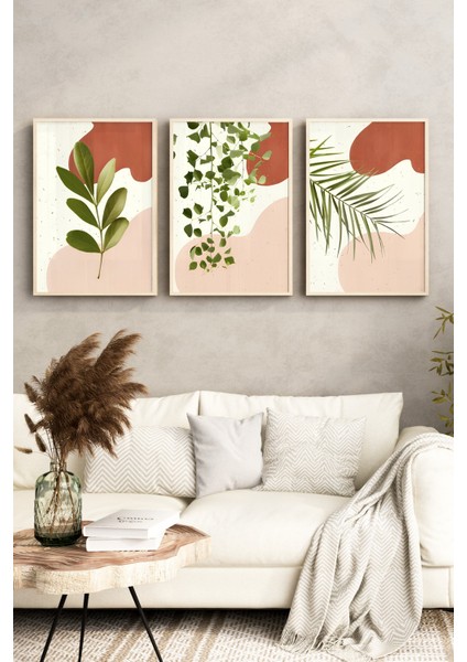 🍃 Sıcak Tonlarda Yaprak Desenli Çam Çerçeveli 3'lü Tablo Seti 🌿 CRV1129 23 x 32 fırsatları