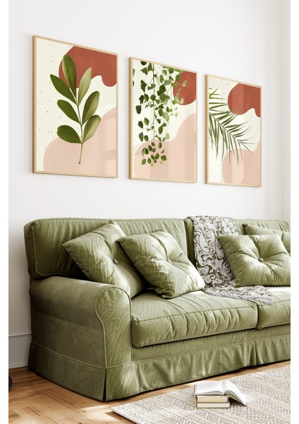 🍃 Sıcak Tonlarda Yaprak Desenli Çam Çerçeveli 3'lü Tablo Seti 🌿 CRV1129 23 x 32 indirimleri