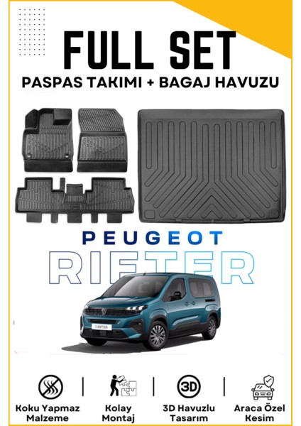 Peugeot Rifter 2022 Model Seperatörsüz Birebir Uyumlu Bagaj Havuzu+Paspas Seti