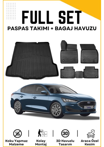 Ford Focus 5 Sedan 2025 Model Ince Stepne Birebir Uyumlu Bagaj Havuzu+Paspas Seti