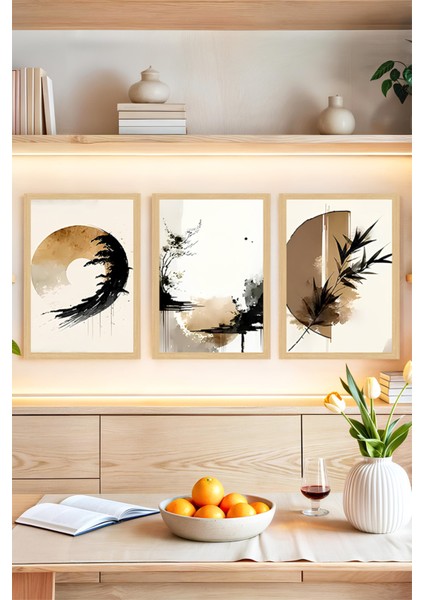 🌿 Doğal Tonlarda Soyut Fırça Efektli Çerçeve Görünümlü 3’lü Tablo Seti 🌟 CRVS1125 13 x 17