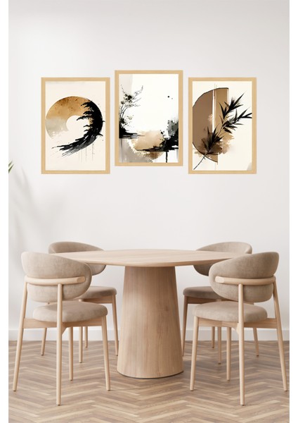 🌿 Doğal Tonlarda Soyut Fırça Efektli Çerçeve Görünümlü 3’lü Tablo Seti 🌟 CRVS1125 13 x 17 fiyatları