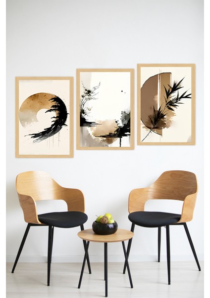 🌿 Doğal Tonlarda Soyut Fırça Efektli Çerçeve Görünümlü 3’lü Tablo Seti 🌟 CRVS1125 13 x 17 modelleri