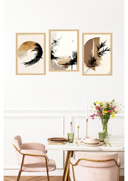 🌿 Doğal Tonlarda Soyut Fırça Efektli Çerçeve Görünümlü 3’lü Tablo Seti 🌟 CRVS1125 13 x 17 fırsatları
