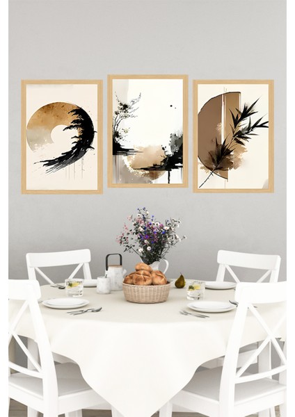 🌿 Doğal Tonlarda Soyut Fırça Efektli Çerçeve Görünümlü 3’lü Tablo Seti 🌟 CRVS1125 13 x 17 indirimleri