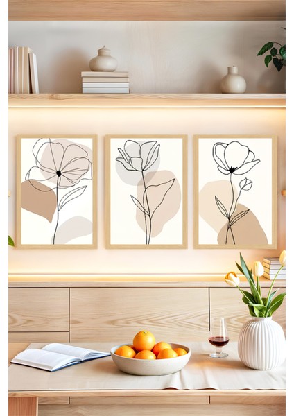 🖼️ Minimal Çizgisel Çiçek Desenli 3'lü Tablo Seti Bej Tonlu, Modern Çerçeve Görünümlü 🌟 CRVS1118 13 x 17