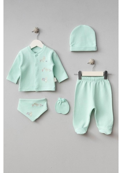 %100 Pamuk Sevimli Hayvanlar Desenli 5 Parça Hastane Çıkışı Yenidoğan Zıbın Seti BBTF.SYSL.20120