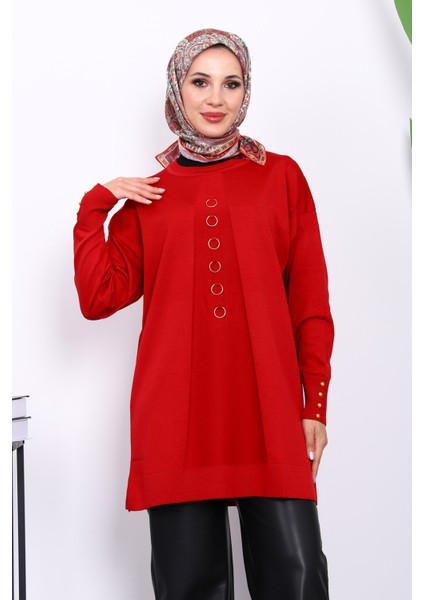Bordo Ön Detaylı Soğuk İplik Triko Tunik modelleri