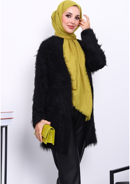 Siyah Uzun Angora Yumoş Triko Hırka modelleri